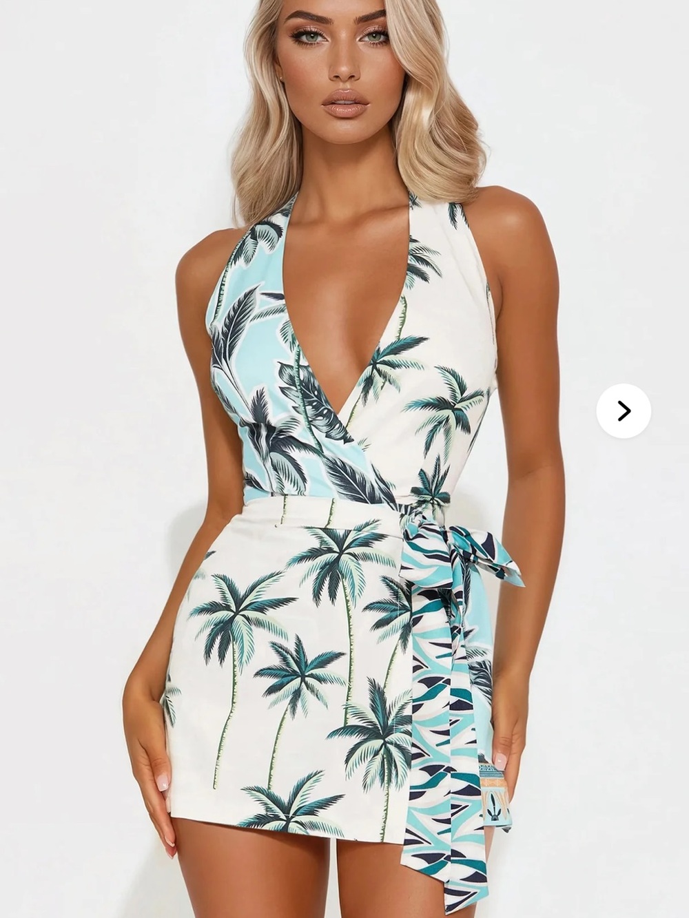 Fashion Nova White & Teal Palm Print Wrap Romper